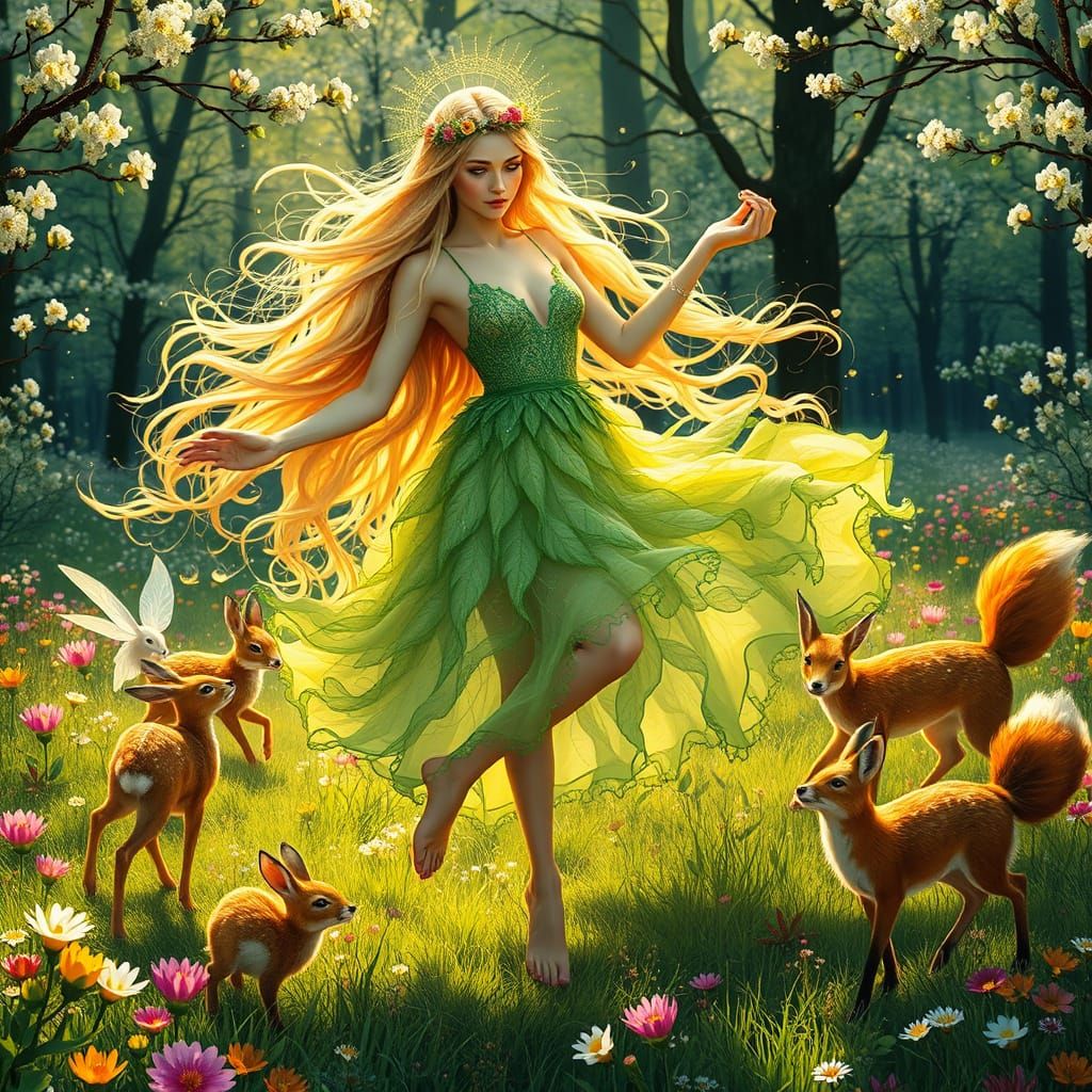 Ethereal Goddess in Vibrant Springtime Meadow