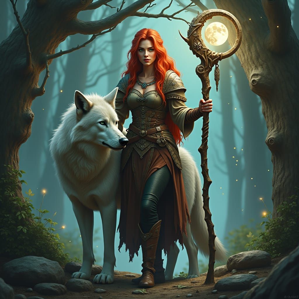 Half-elf moon druid with dire wolf