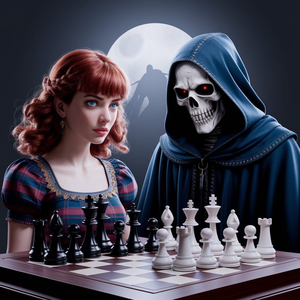 Chess Game Between Woman and Grim Reaper