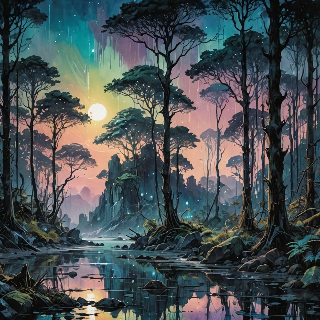 Iridescent Crystal Forest at Dusk: Shimmering Watercolor Art