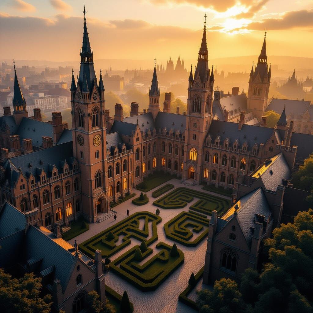 Aerial View of Gothic University Campus in Digital Art Style