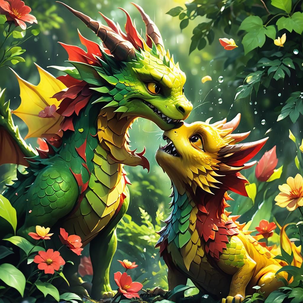 Catdragon and Dogdragon Play in Lush Landscape