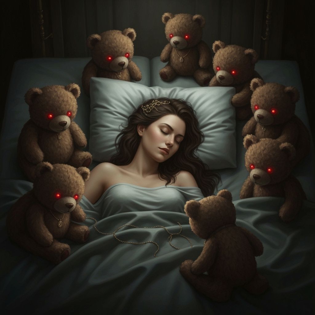 Sinister Teddy Bears Threaten Sleeping Woman