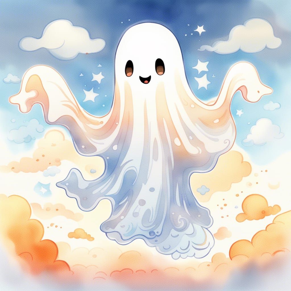 Cute Chibi Sheet Ghost in Watercolor Style