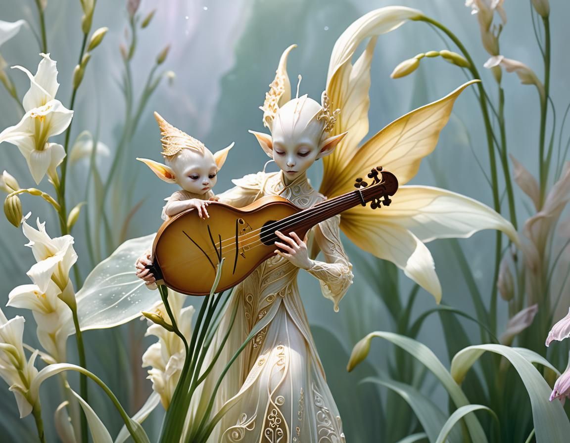 Botanical Scene with Elven-Alien Toddler in Surreal Style