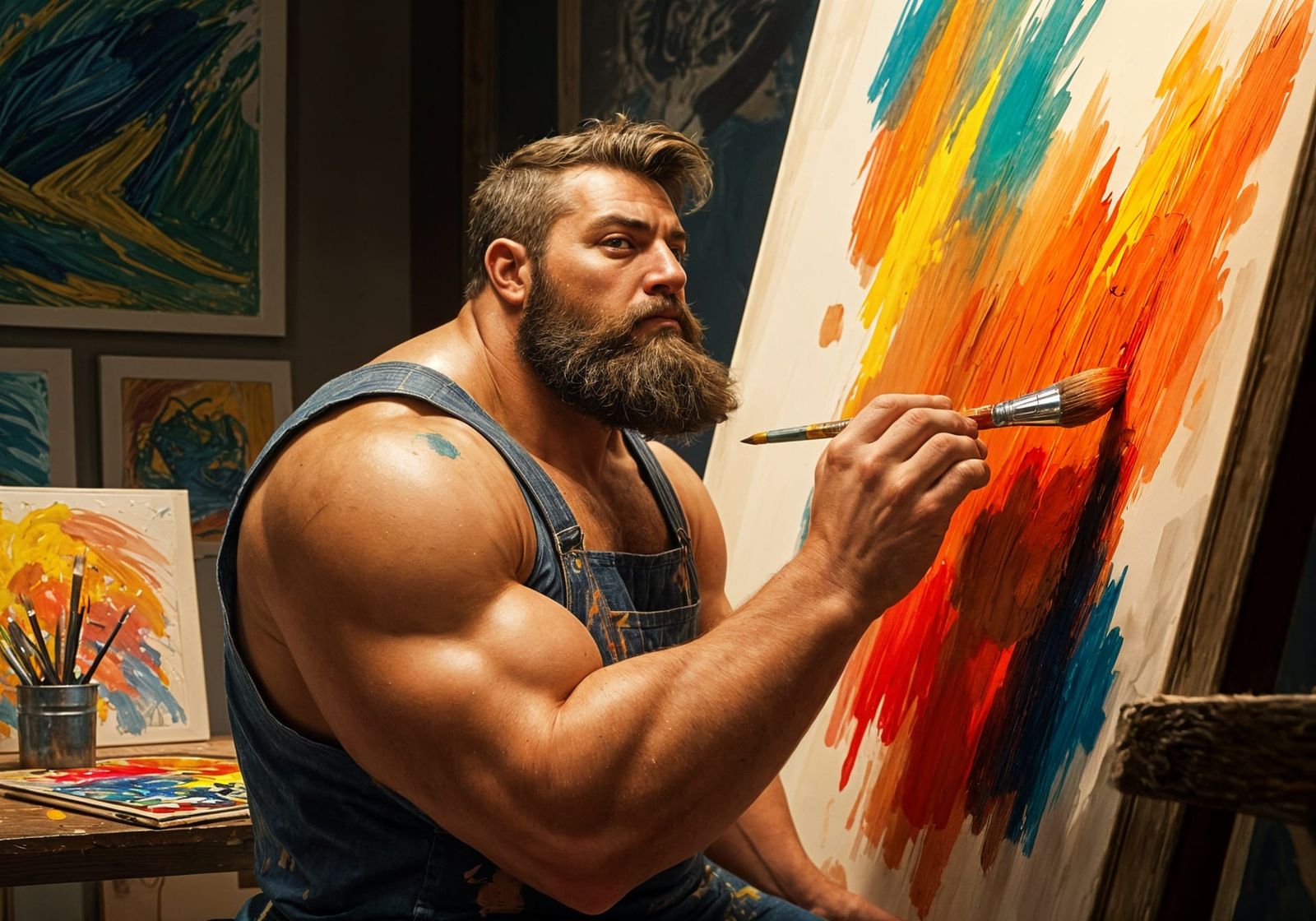 Strong Artist at Work in a Vibrant Studio