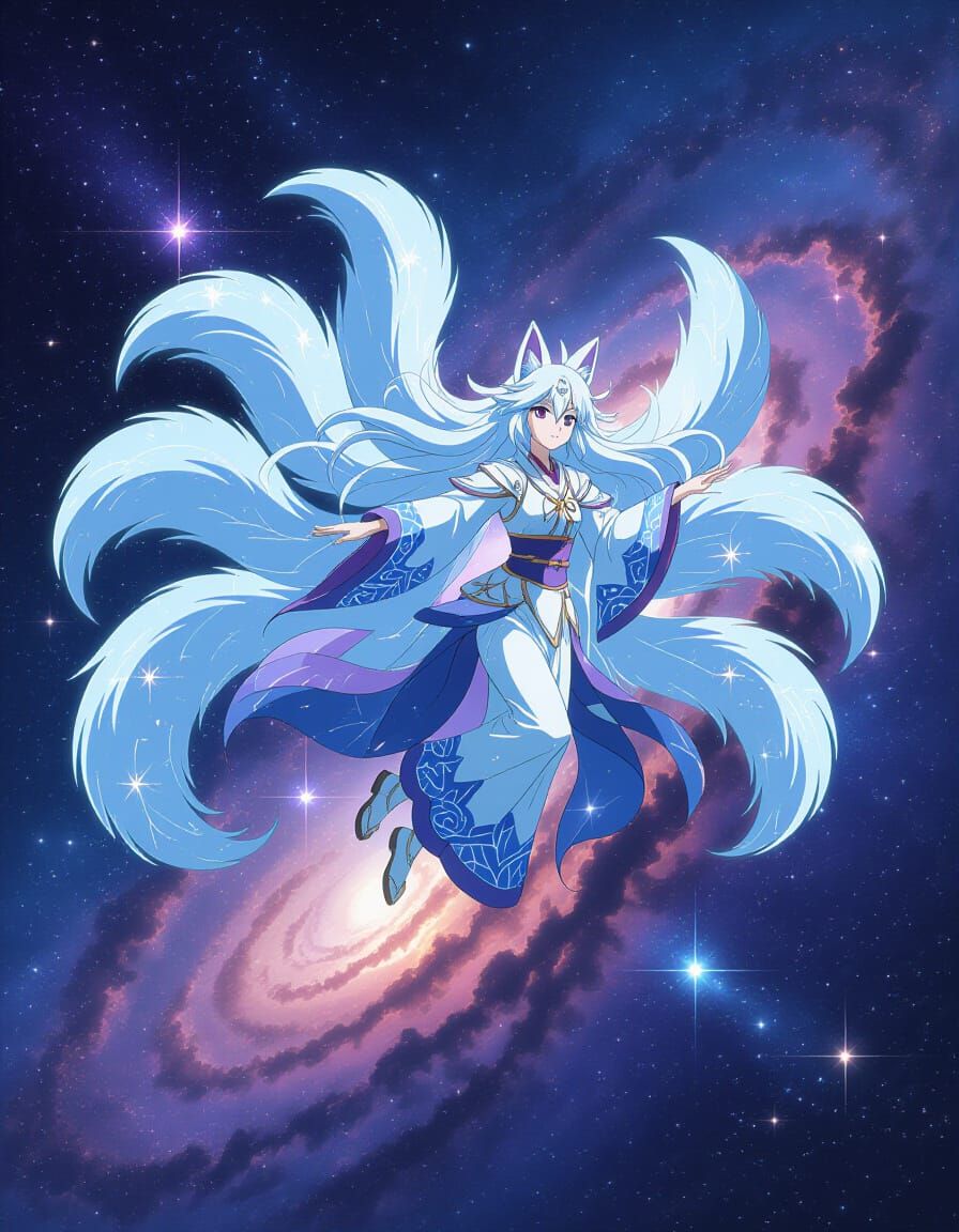 Kitsune Leaps Through Cosmic Nebula in Anime Style
