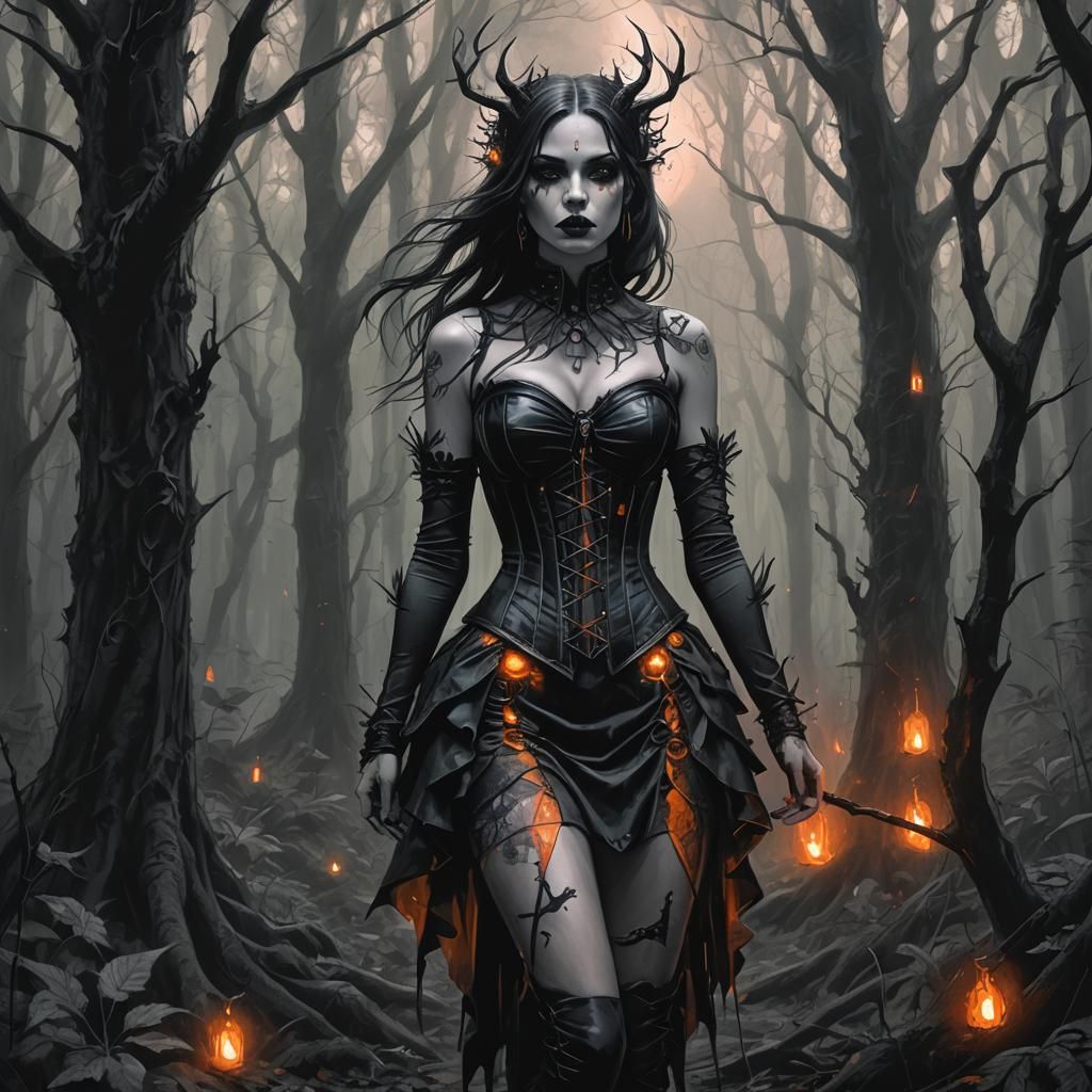 Demonic Goth Girl in Mystical Forest: Grayscale Sketch