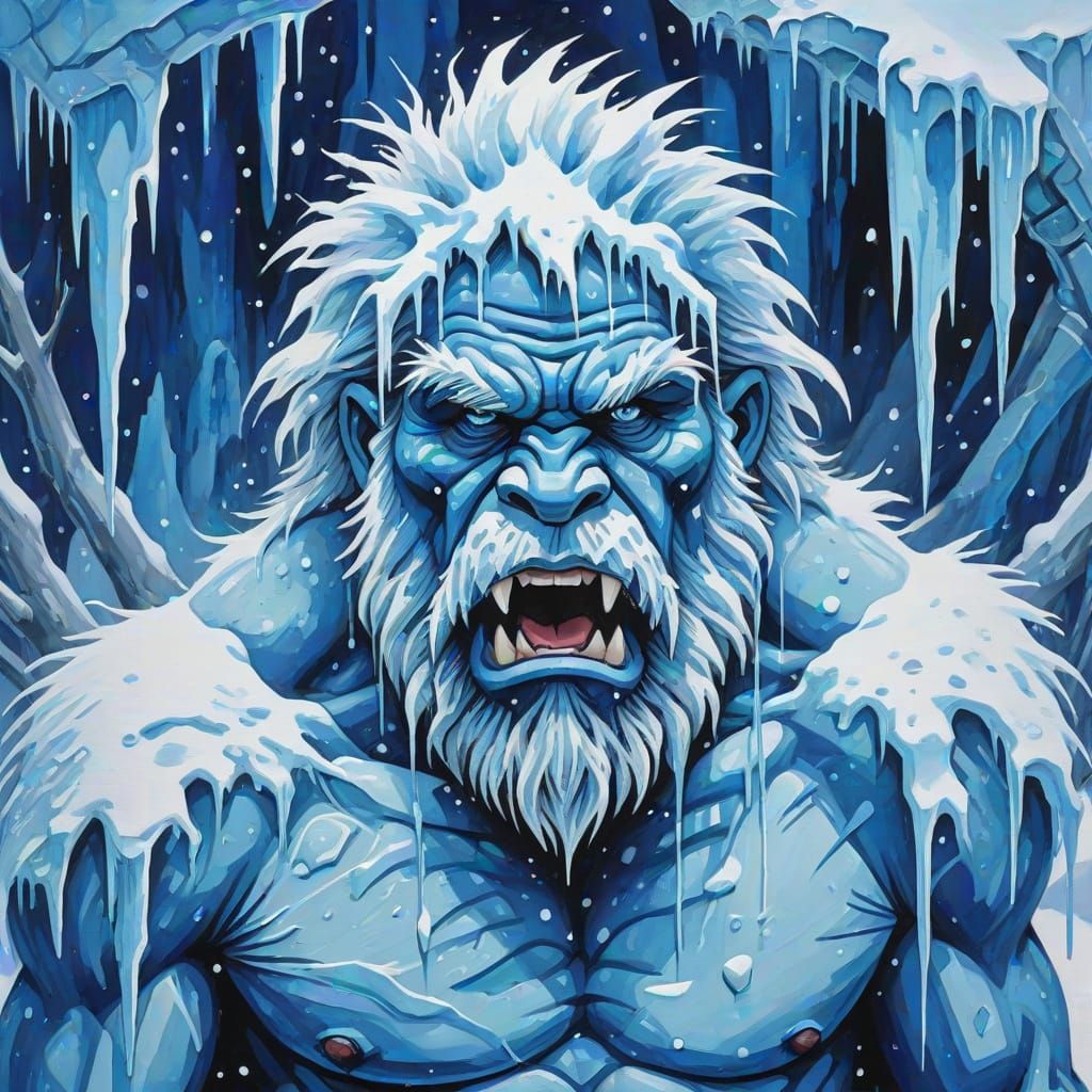 Frozen Caveman in Blizzard, Abstract Gouache Painting