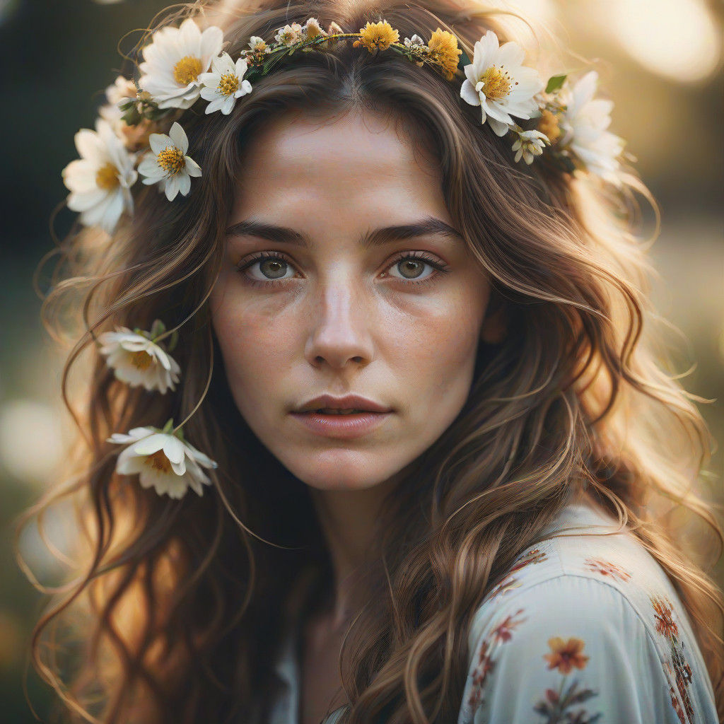 Woman with Flowing Hair Adorned with Flowers in Soft Focus
