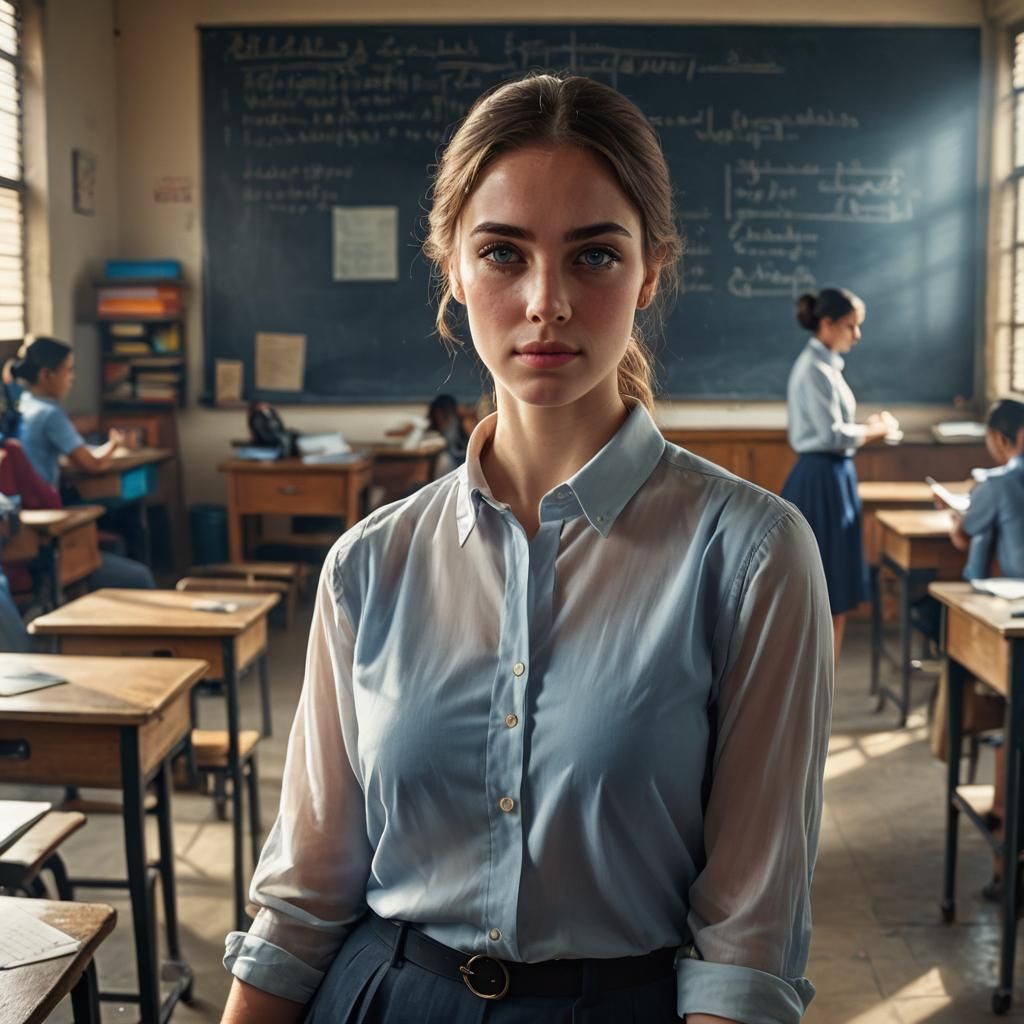 Elegant English Girl Portrait in Fantasy Classroom