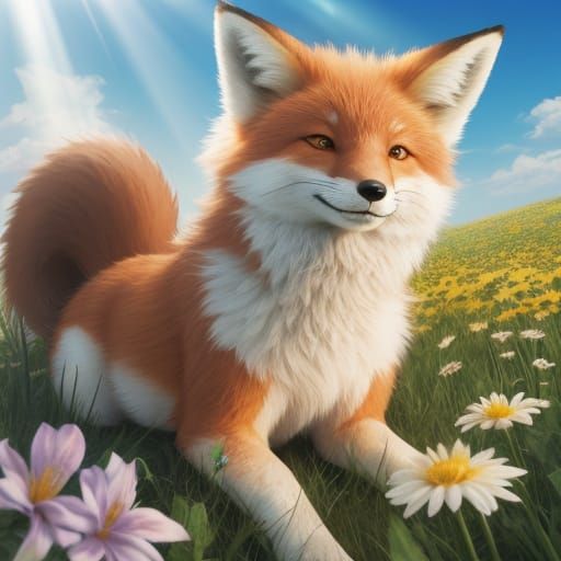 Cute Fluffy Fox Smiling in Summer Flower Field