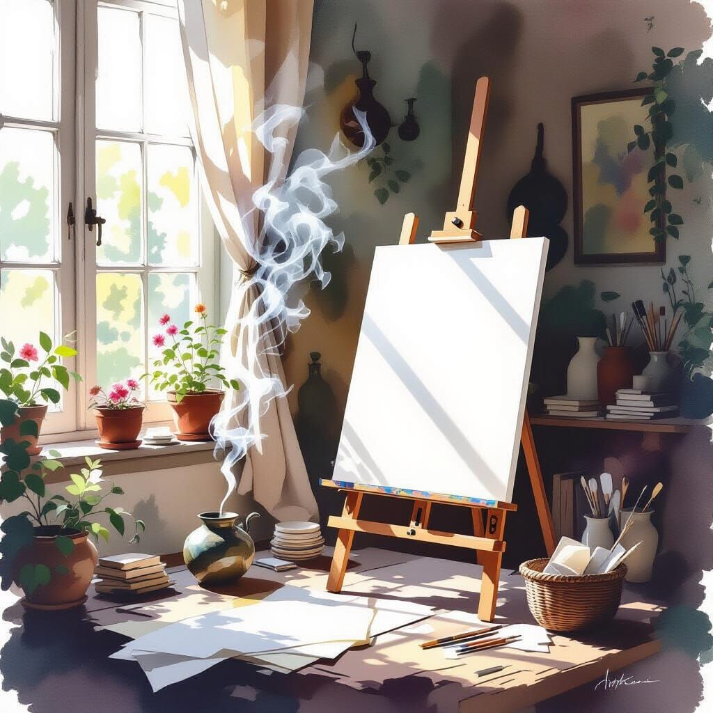 Sun-Dappled Studio in Expressive Watercolor Style