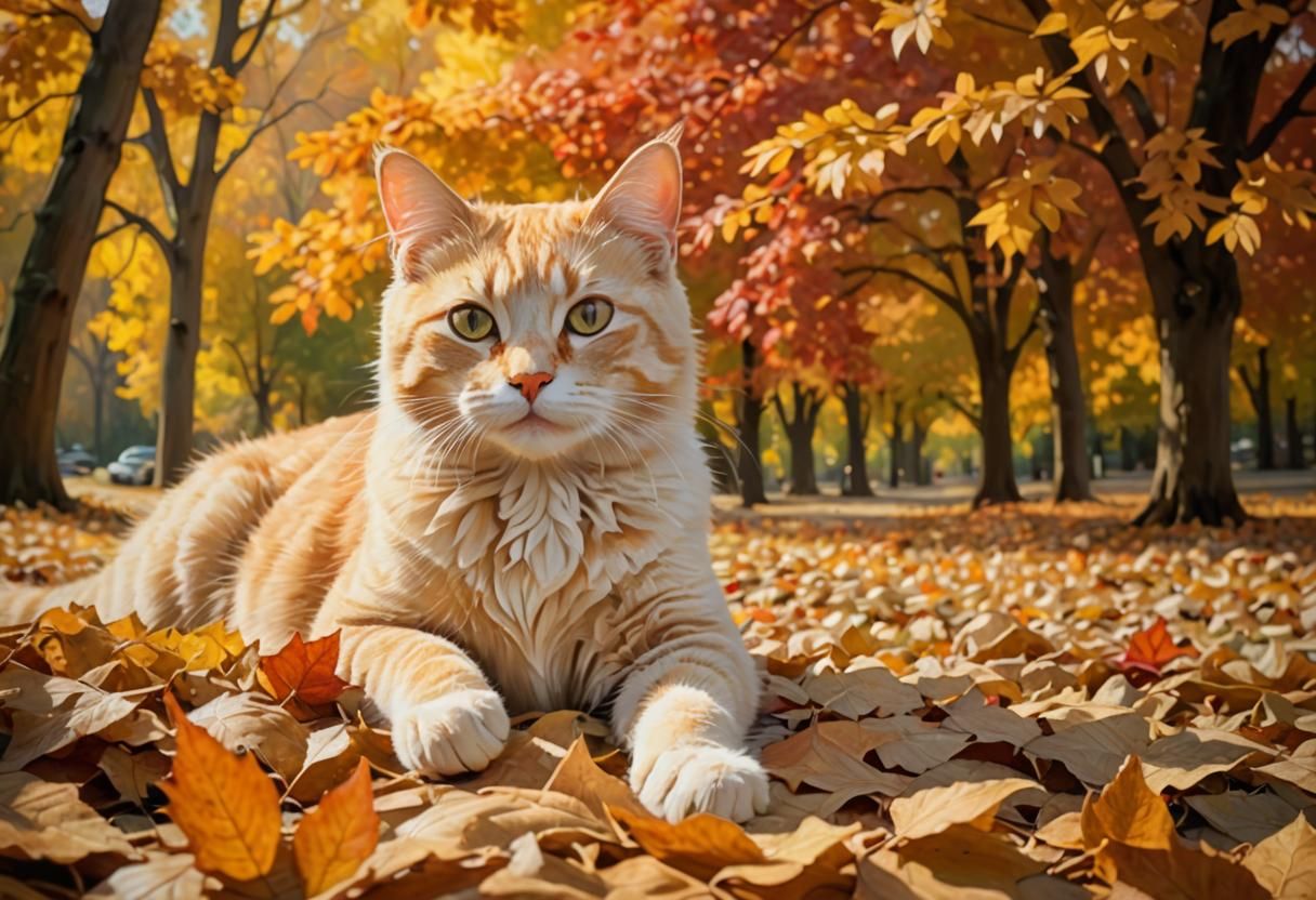 Blonde Cat in Autumn Leaves as Impressionist Painting