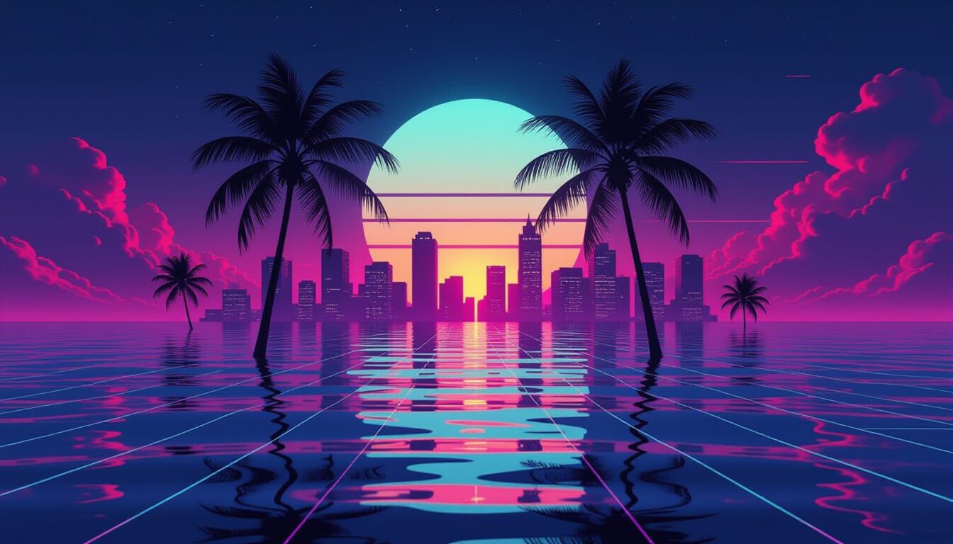 Retrowave Palm Skyline on Floppy Disk Ocean