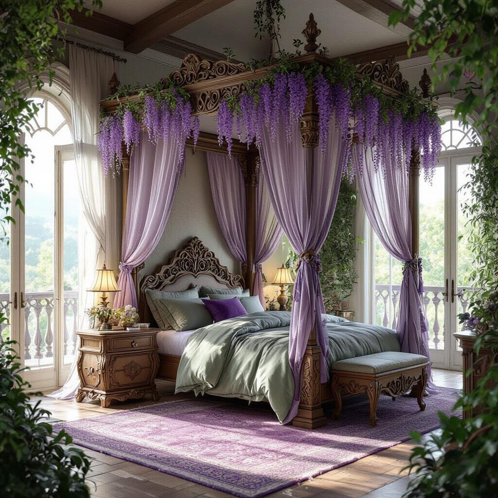 Ethereal Elf Queen Bedroom with Wisteria Canopy