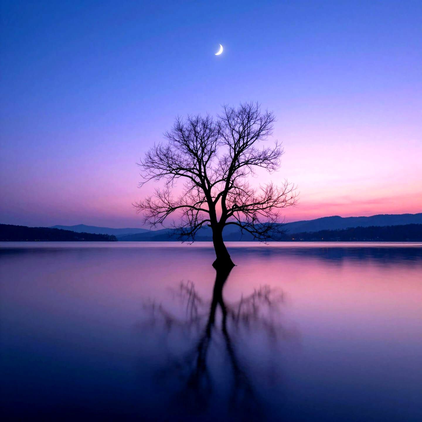 Bare Tree Mirrored in Calm Twilight Lake