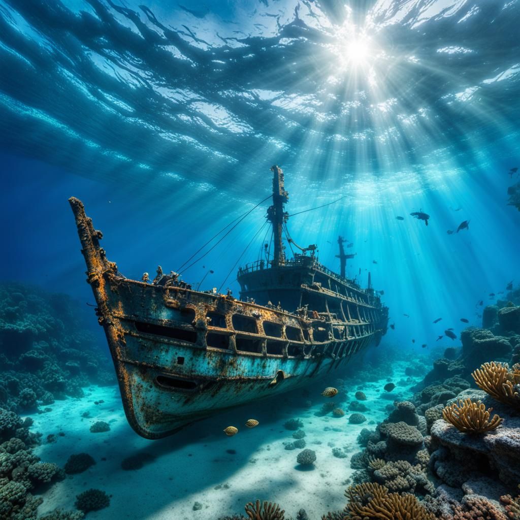 Underwater Shipwreck Exploration in Clear Blue Waters
