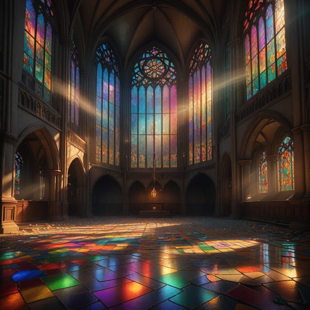 Light Through a Prism. Long shot. A stained glass window in an abandoned cathedral casts rainbows across the dusty floor...