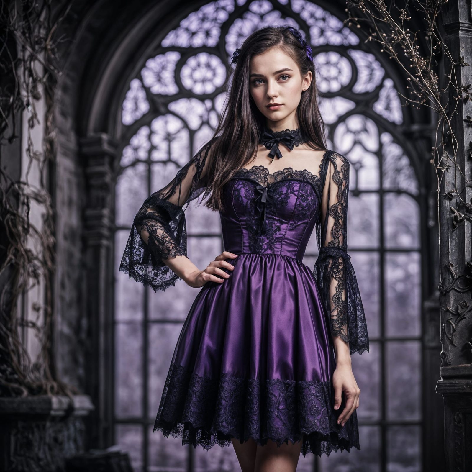Girl in Gothic Purple Dress with Lace