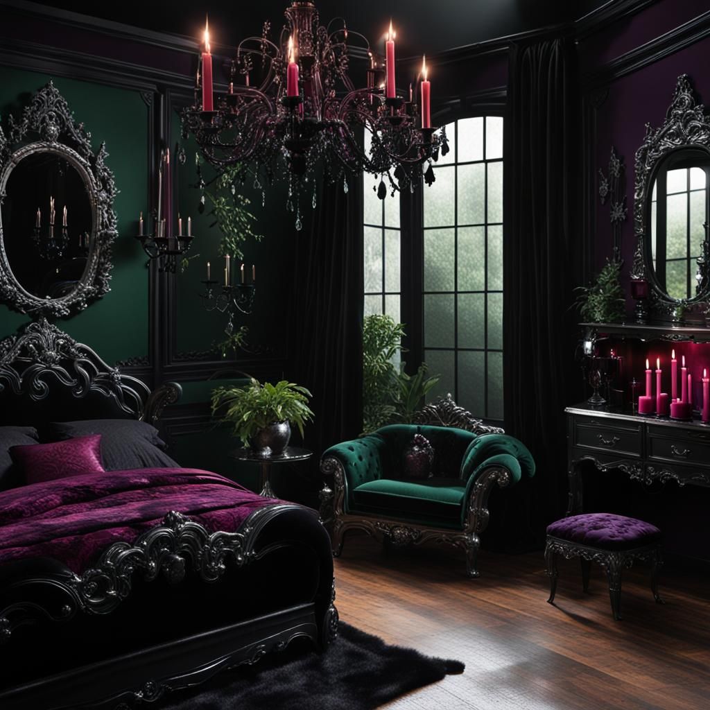 Gothic Bedroom with Dark Green and Velvet Accents
