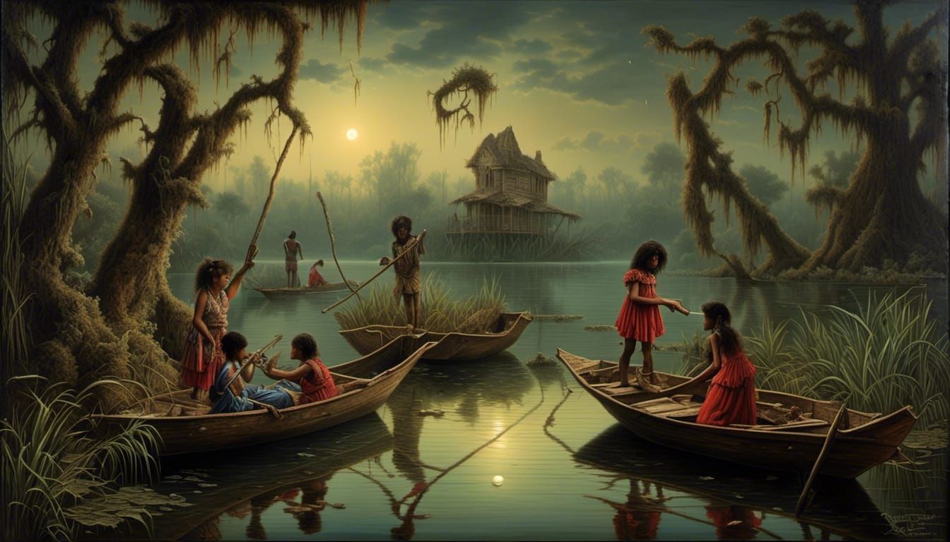 Children Playing on Bayou in Trompe-l'oeil Painting