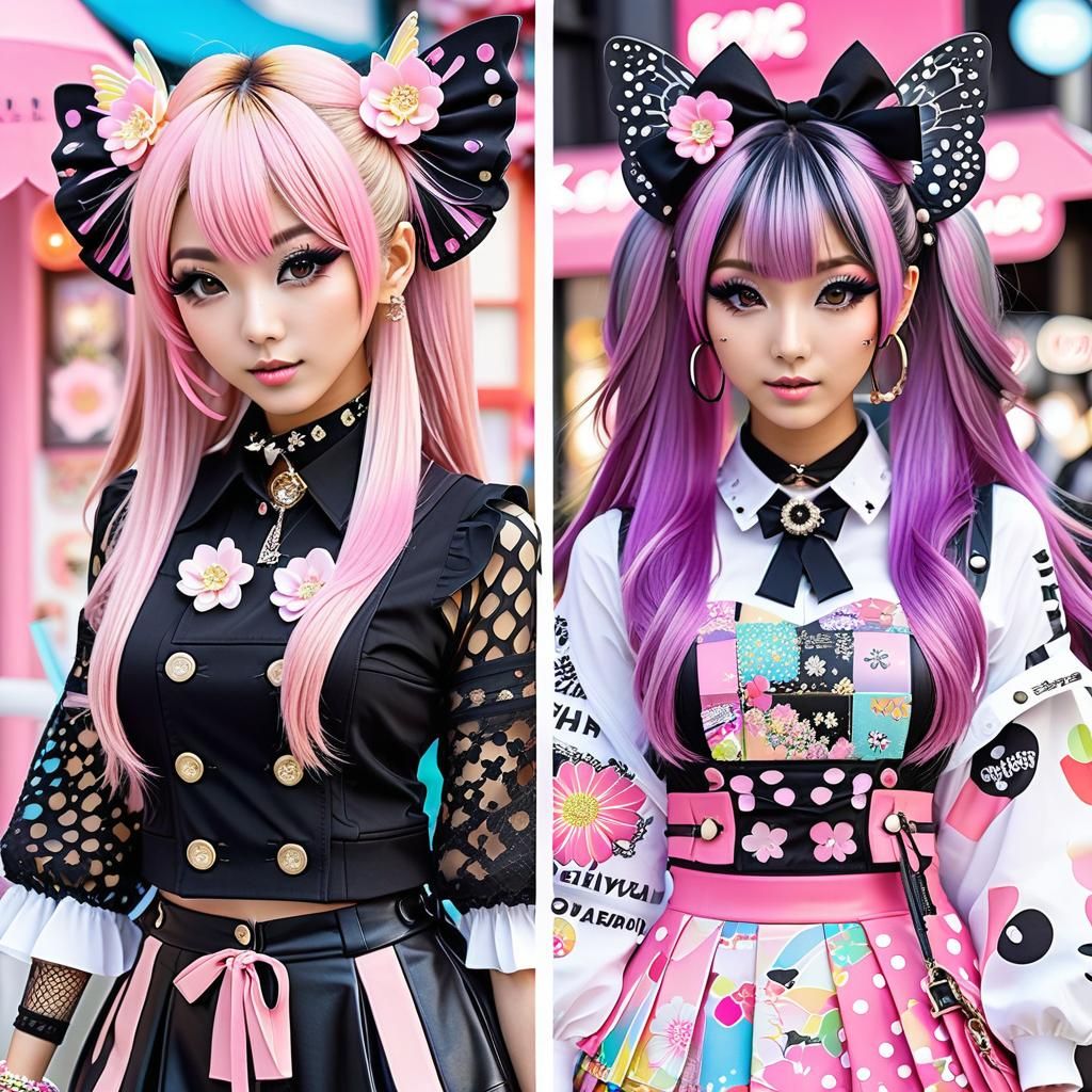 colorful collage of stylish pretty Japanese girls wearing va...