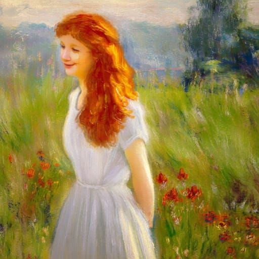 Woman in Sunlit Meadow, Impressionist Style