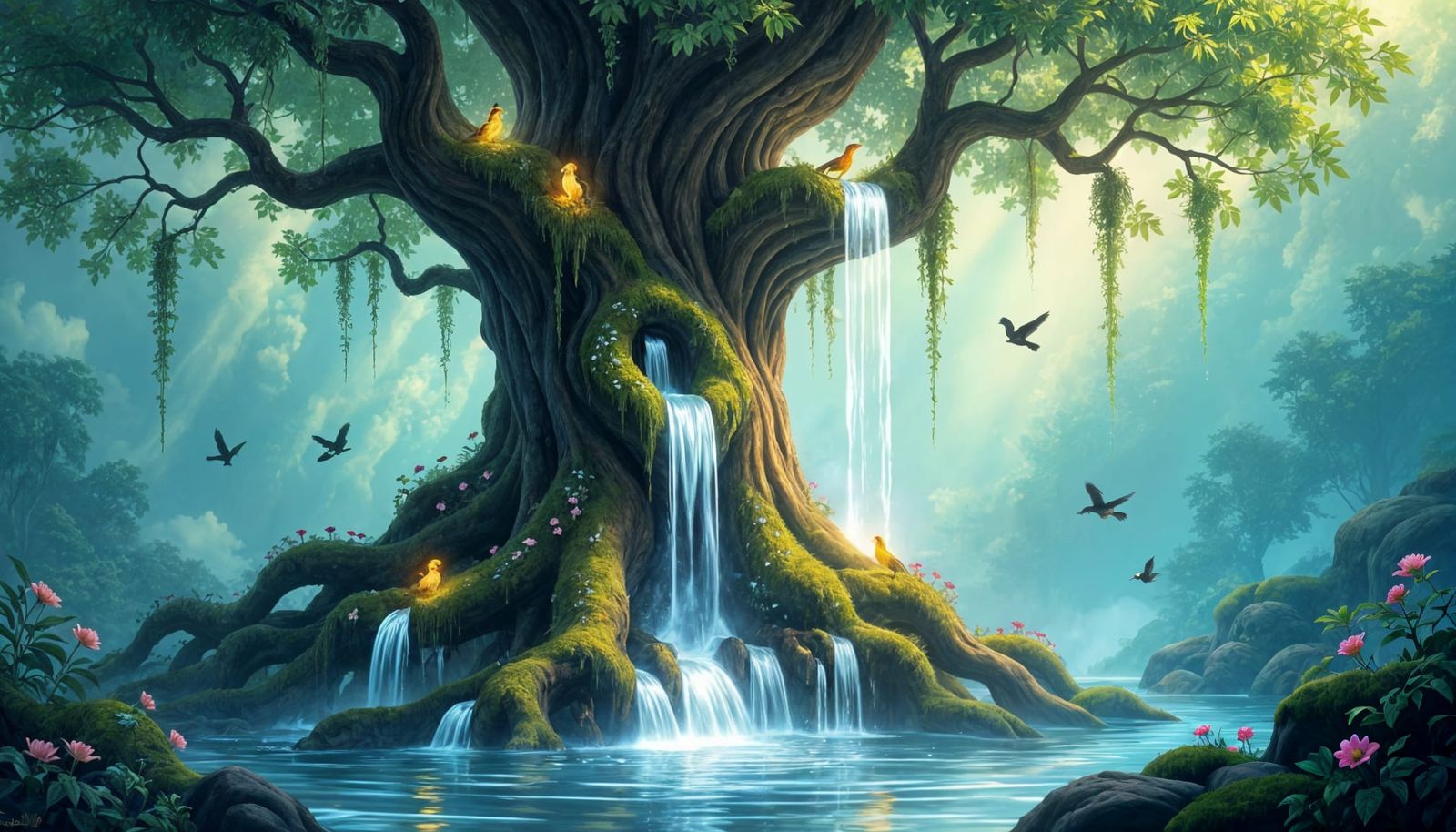 Fantasy Tree-Fountain with Flowing Water and Pastel Colors