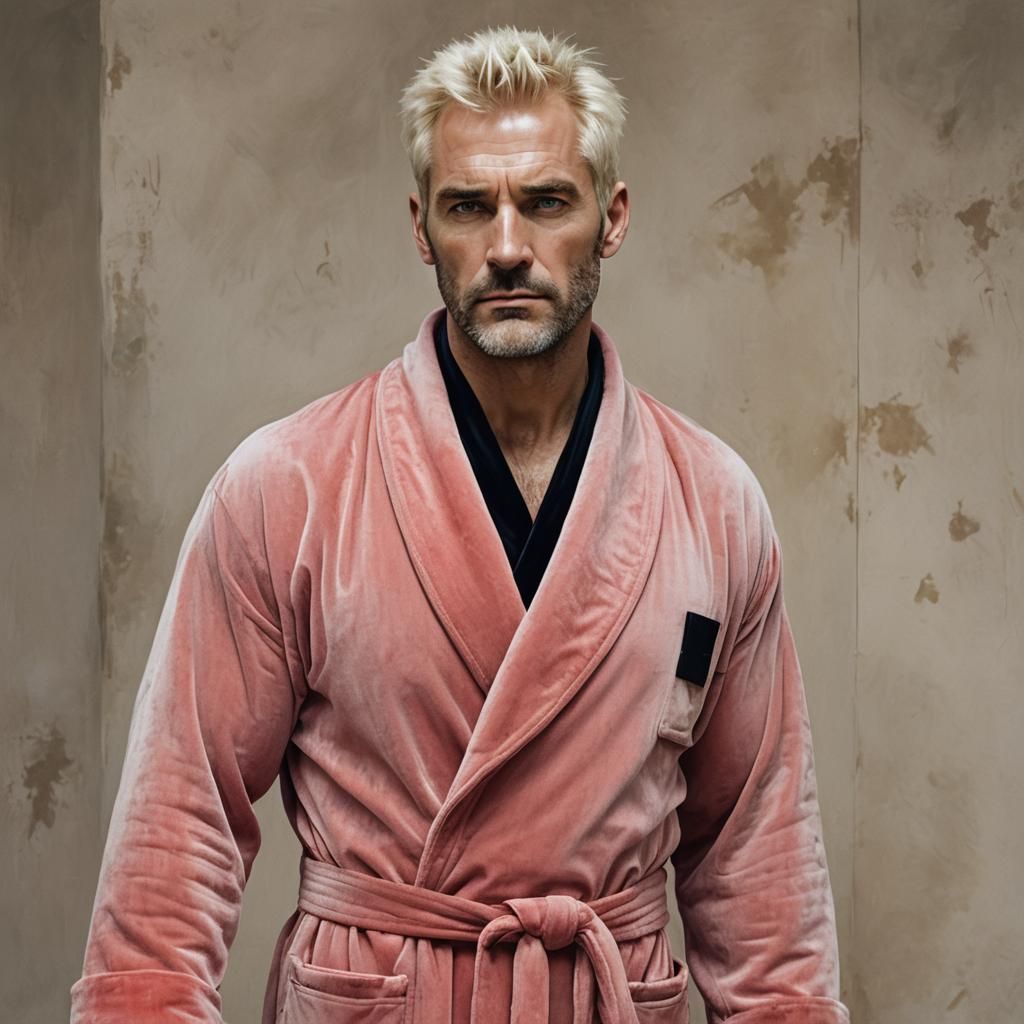 Masculine Blond in Red Velvet Robe