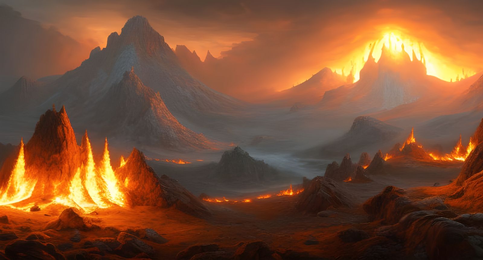 Fiery Post-Apocalyptic Mountain Landscape in Hyperrealism