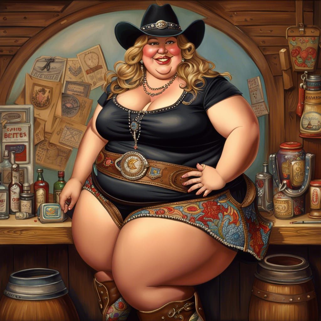Attractive Plus-Size Cowgirl at an Elaborate Bar