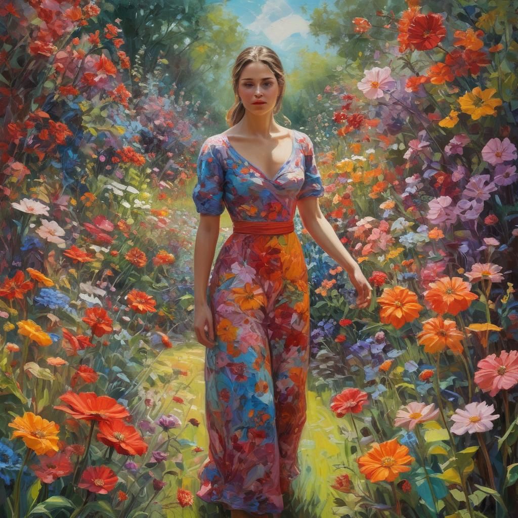 Woman in Surreal Garden as Expressionist Oil Painting