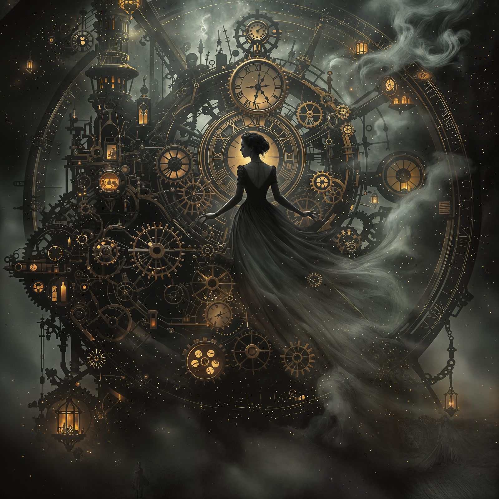 Ethereal Steampunk Ghost Amidst Clockwork Mechanisms