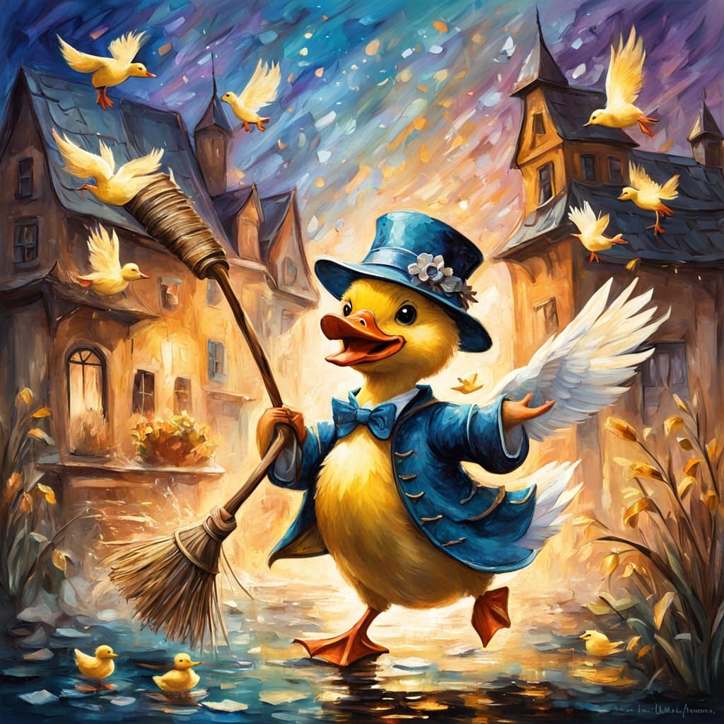Dancing Duckling in Whimsical Oil Painting Style
