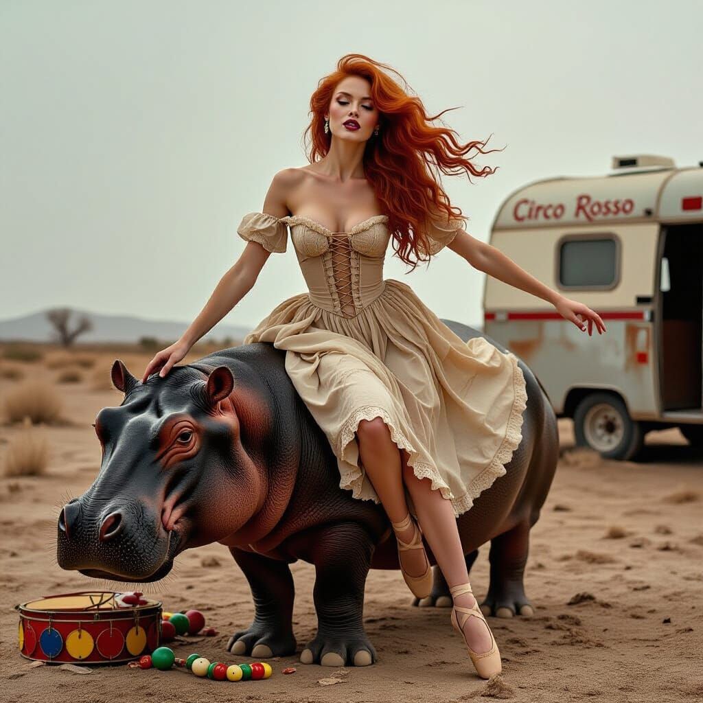 Redhead Woman Dancing on Hippopotamus in Sepia Tones