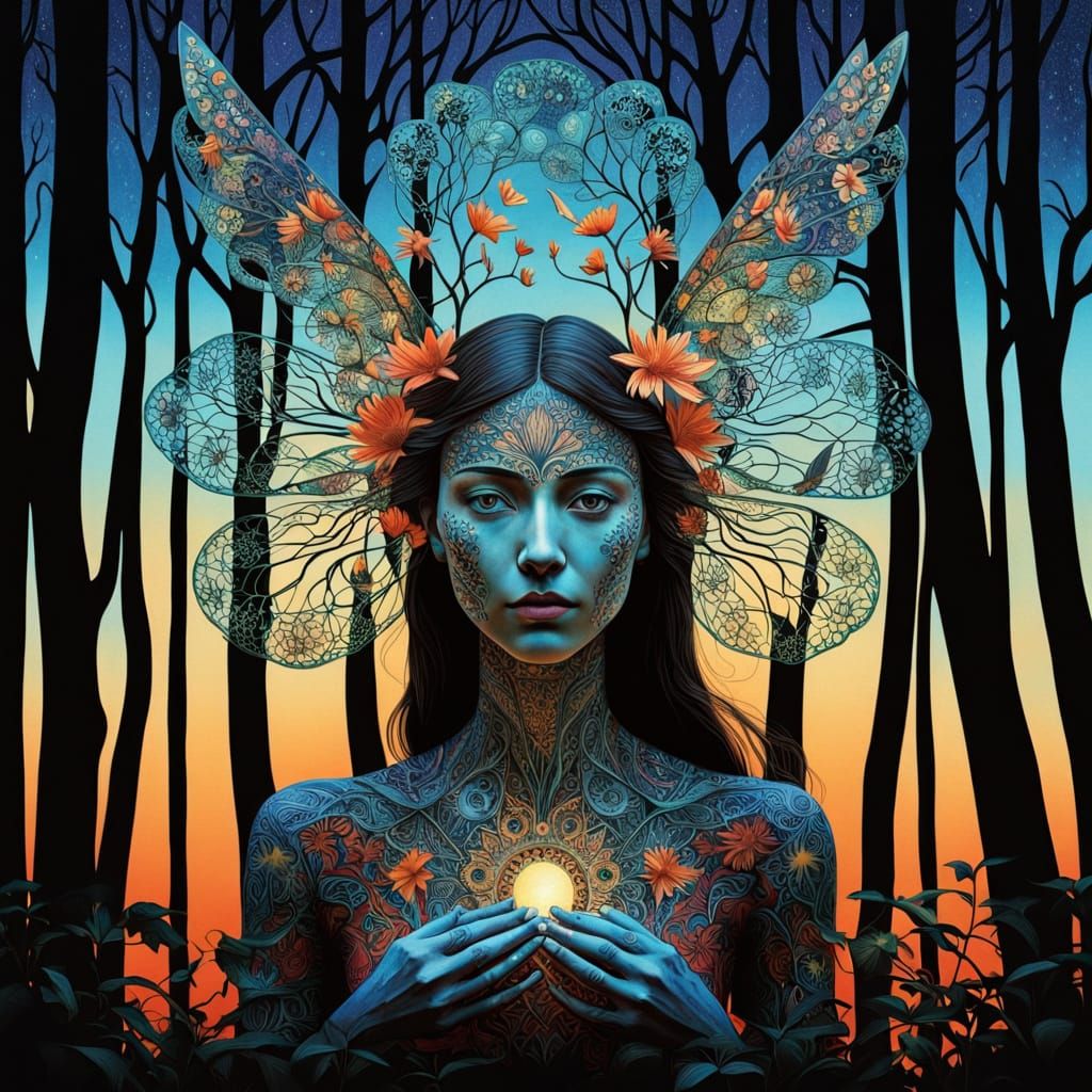 Surreal Goddess Rises from Dark Forest Floor in Whimsical, D...