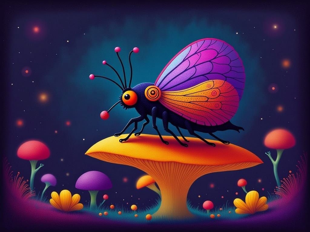 Vibrant Cicada Amidst Lush Flowers and Glowing Mushroom in W...
