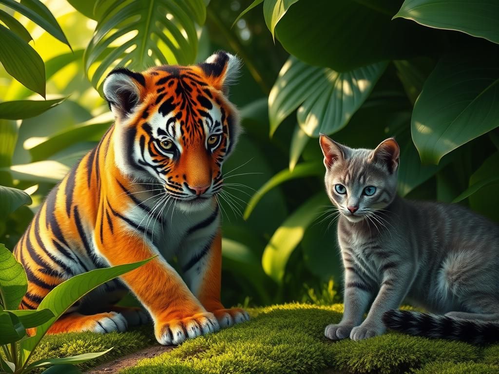 Tiger Cub and Cat Play in Jungle