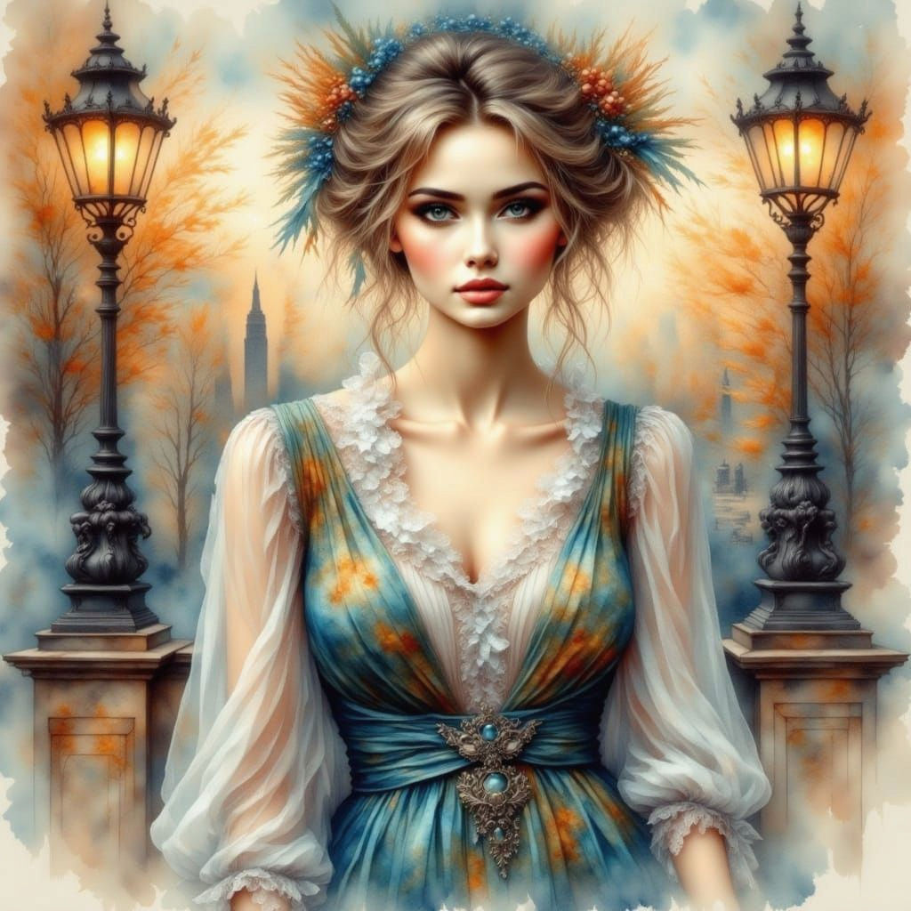 Art deco style. Ethereal Impressionistic painterly watercolor <lora:Ethereal Impressions:0.5> Gritty grunge antique wate...