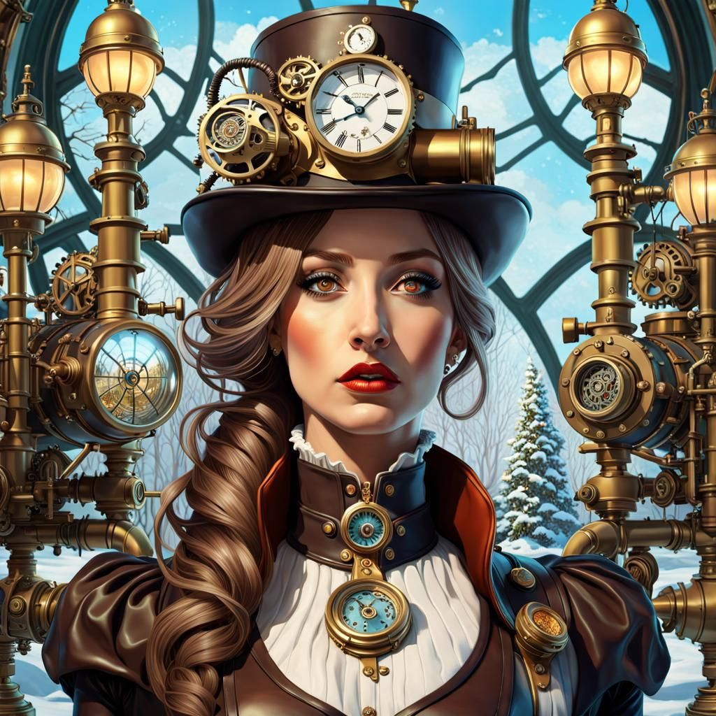 Steampunk Girl in Surreal Winter Garden