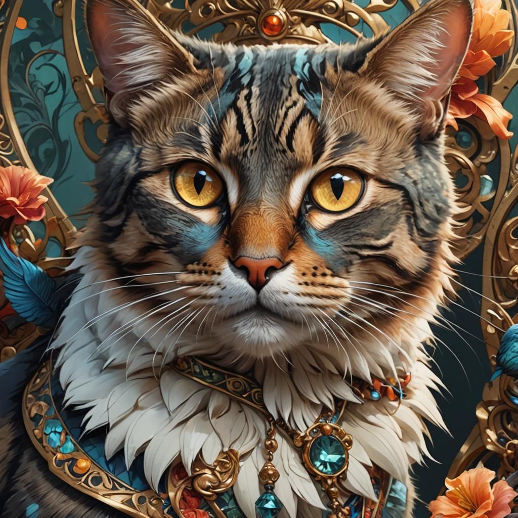 Cat Eating Bird: Hyper-Realistic Digital Portrait