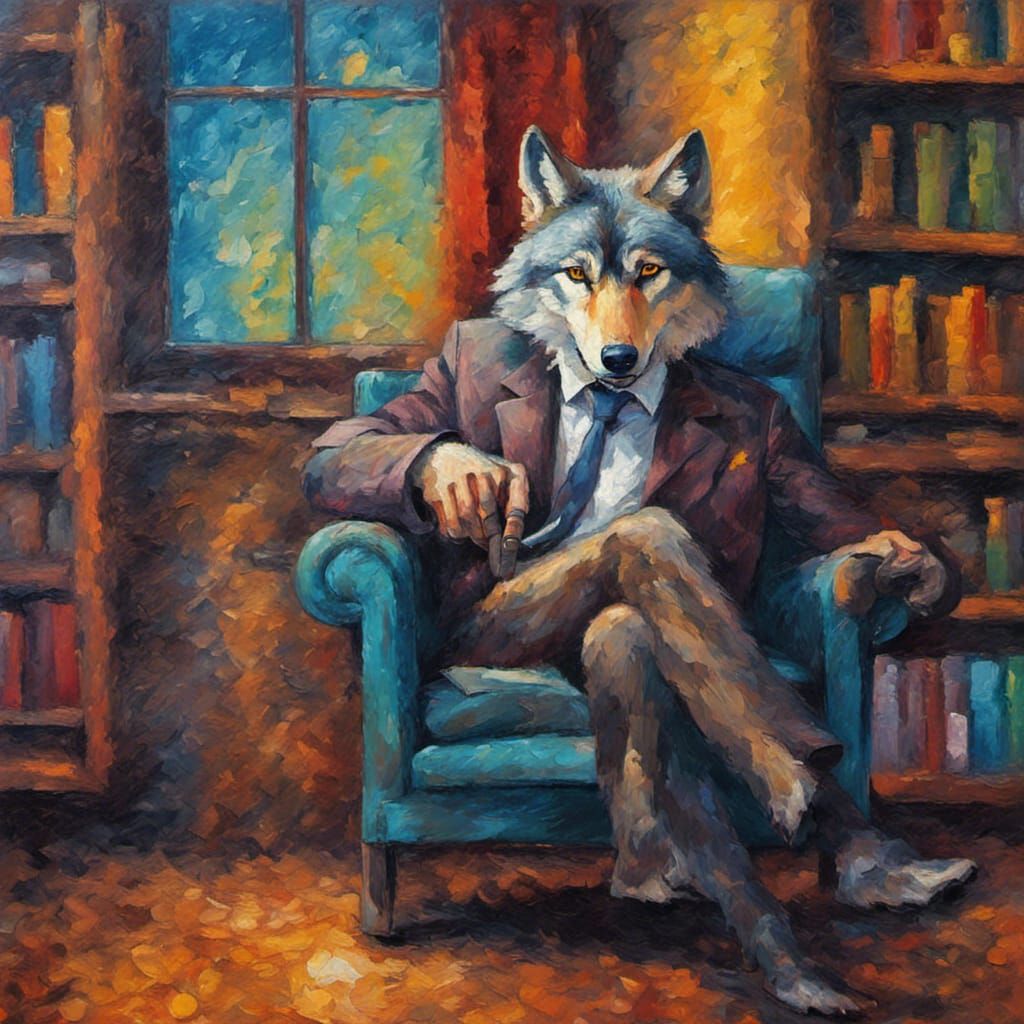 Wolf in Library: An Expressionist Oil Painting
