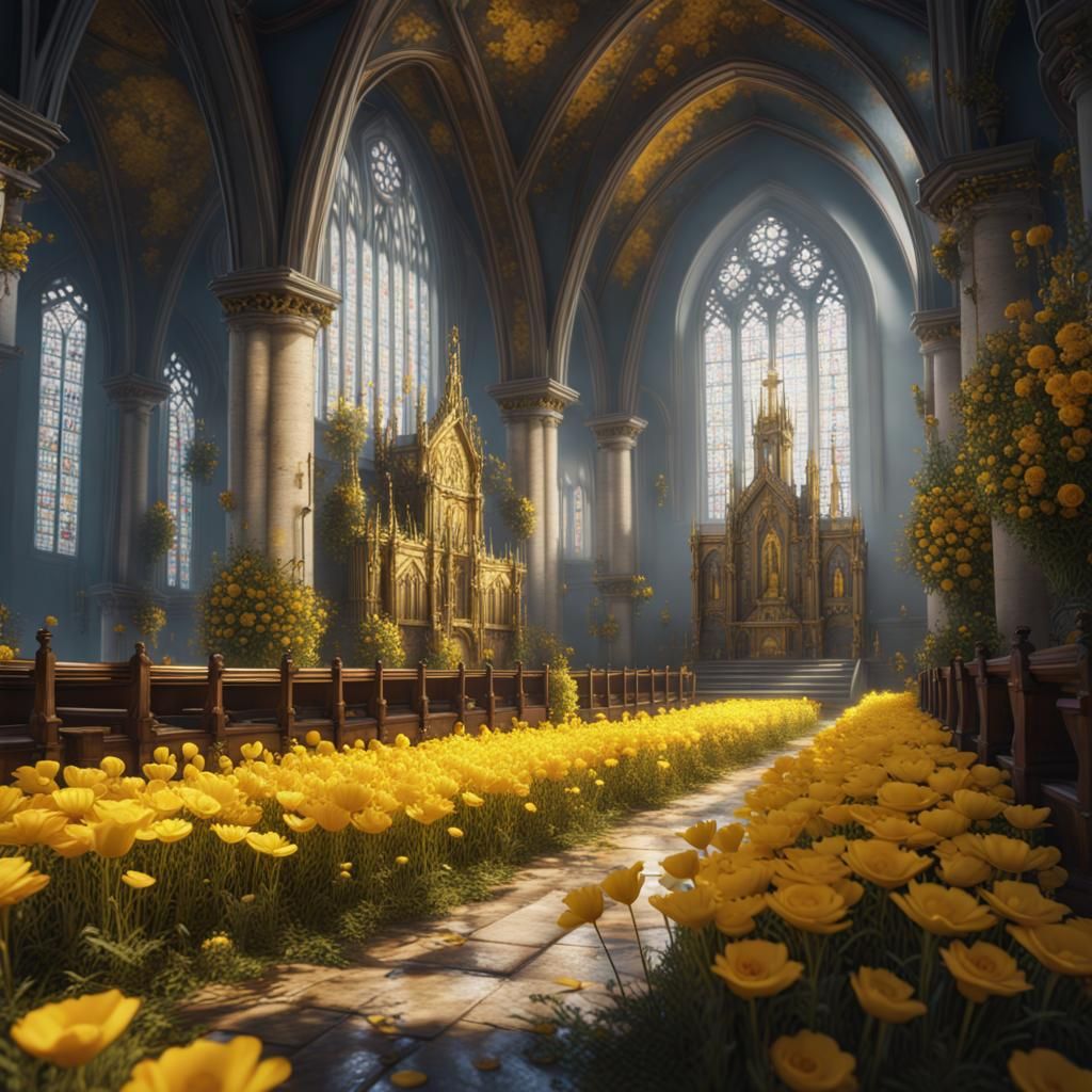 Tonberry in a Flower-Filled Church as Matte Painting