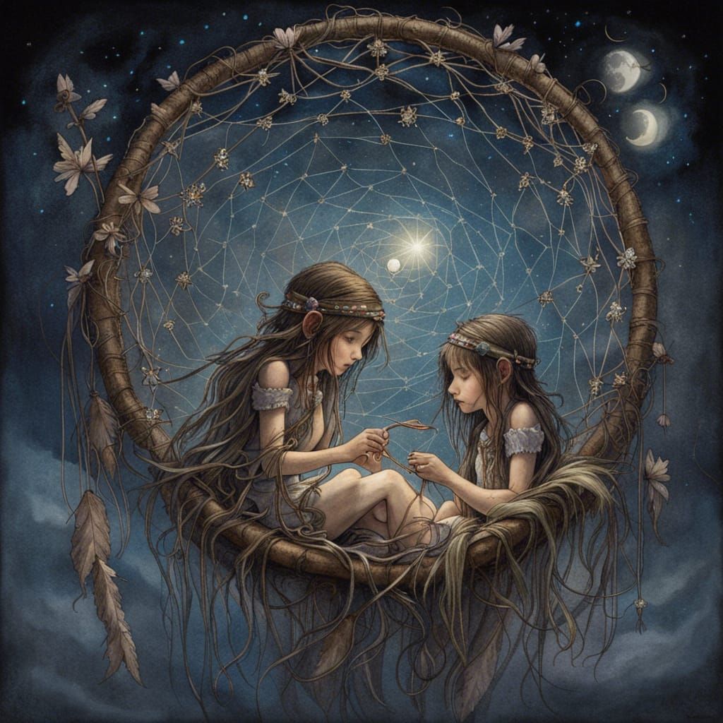Fairies Weaving a Dreamcatcher Under a Starry Sky