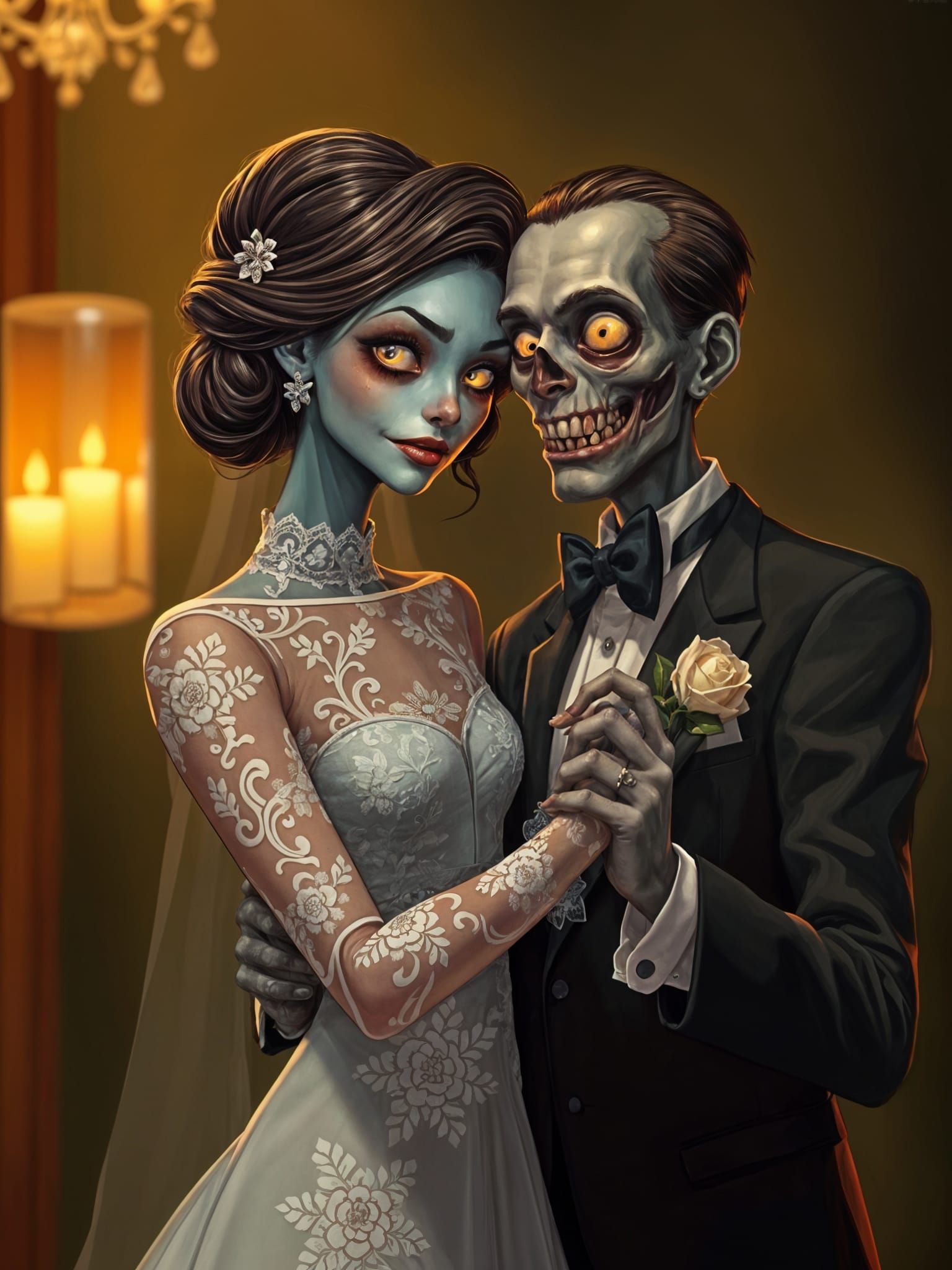 Dancing Zombie Couple in Traditional Color Illustration