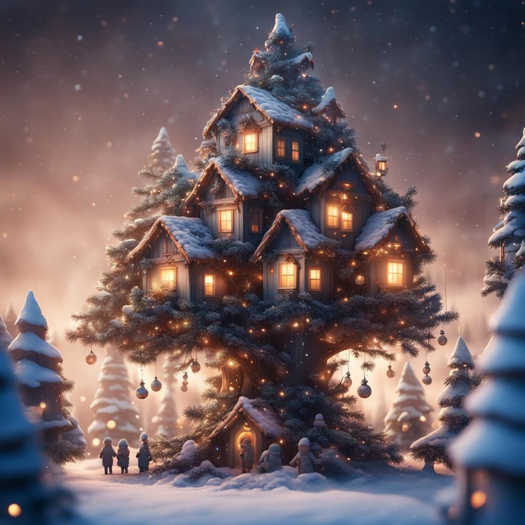 Miniature People Construct Christmas Tree Houses