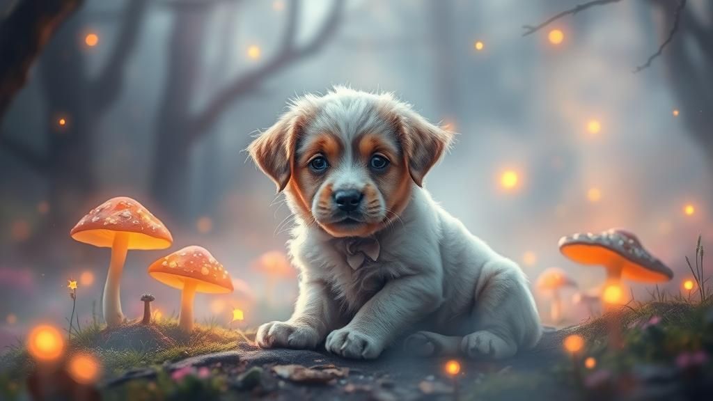 Puppy in Ethereal Fantasy Landscape, Digital Art