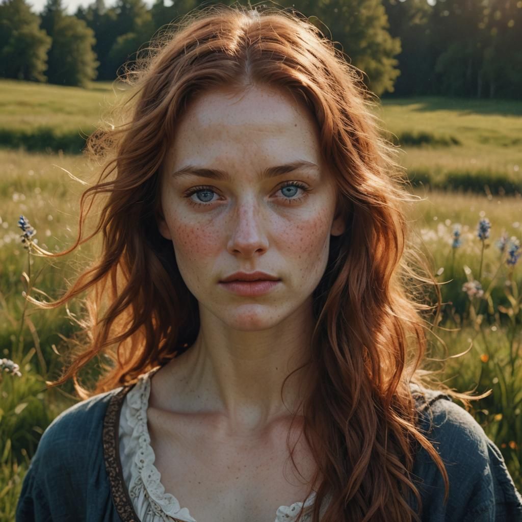 Auburn Haired Woman in Meadow: Digital Portrait