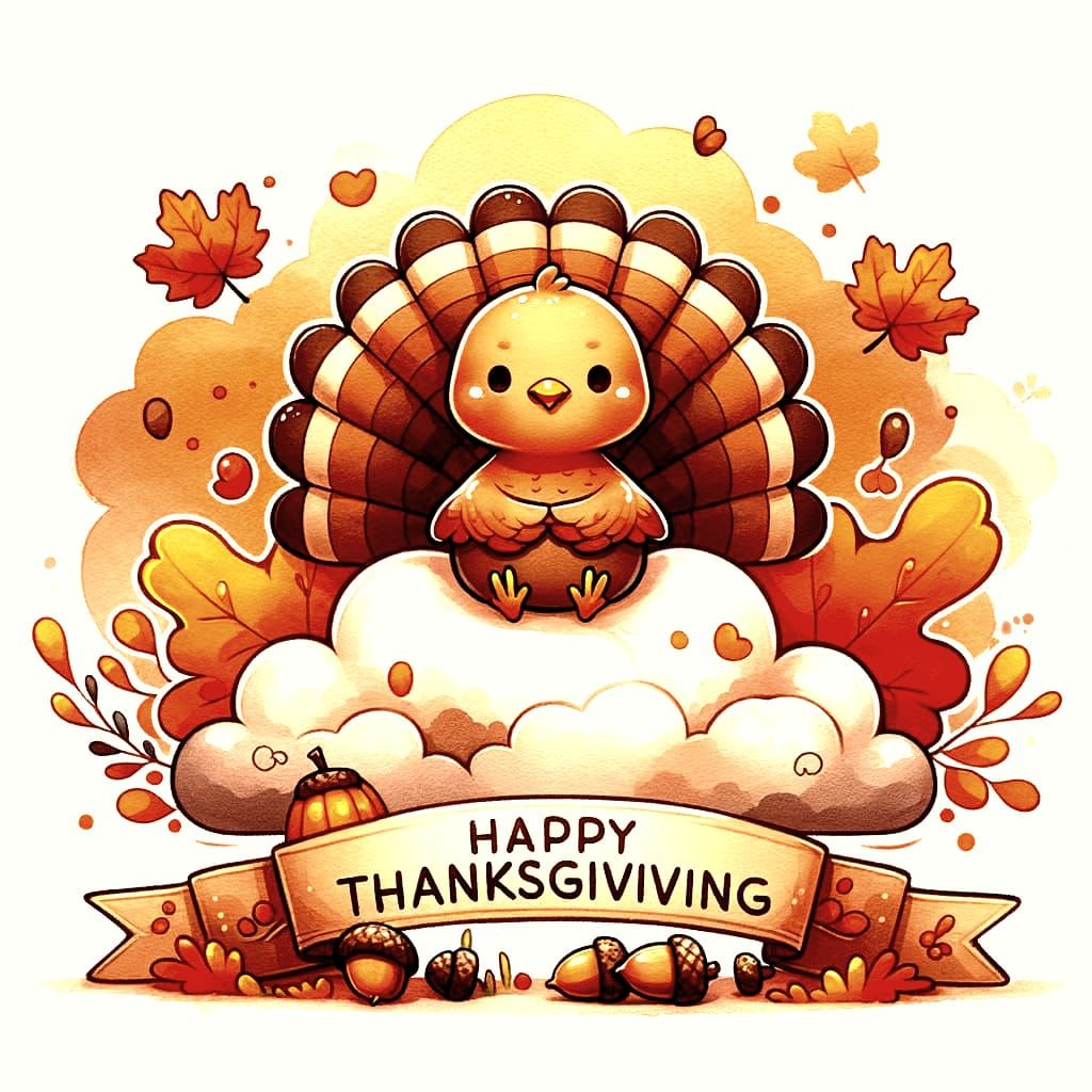 Chibi Turkey Thanksgiving Watercolor Cartoon